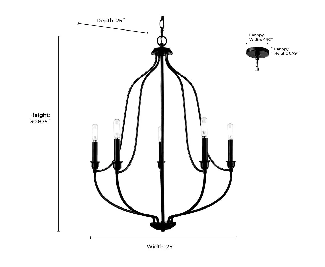5 Lamps Senoia Chandelier - Matte Black - 25in Diameter - E12 Candelabra Base