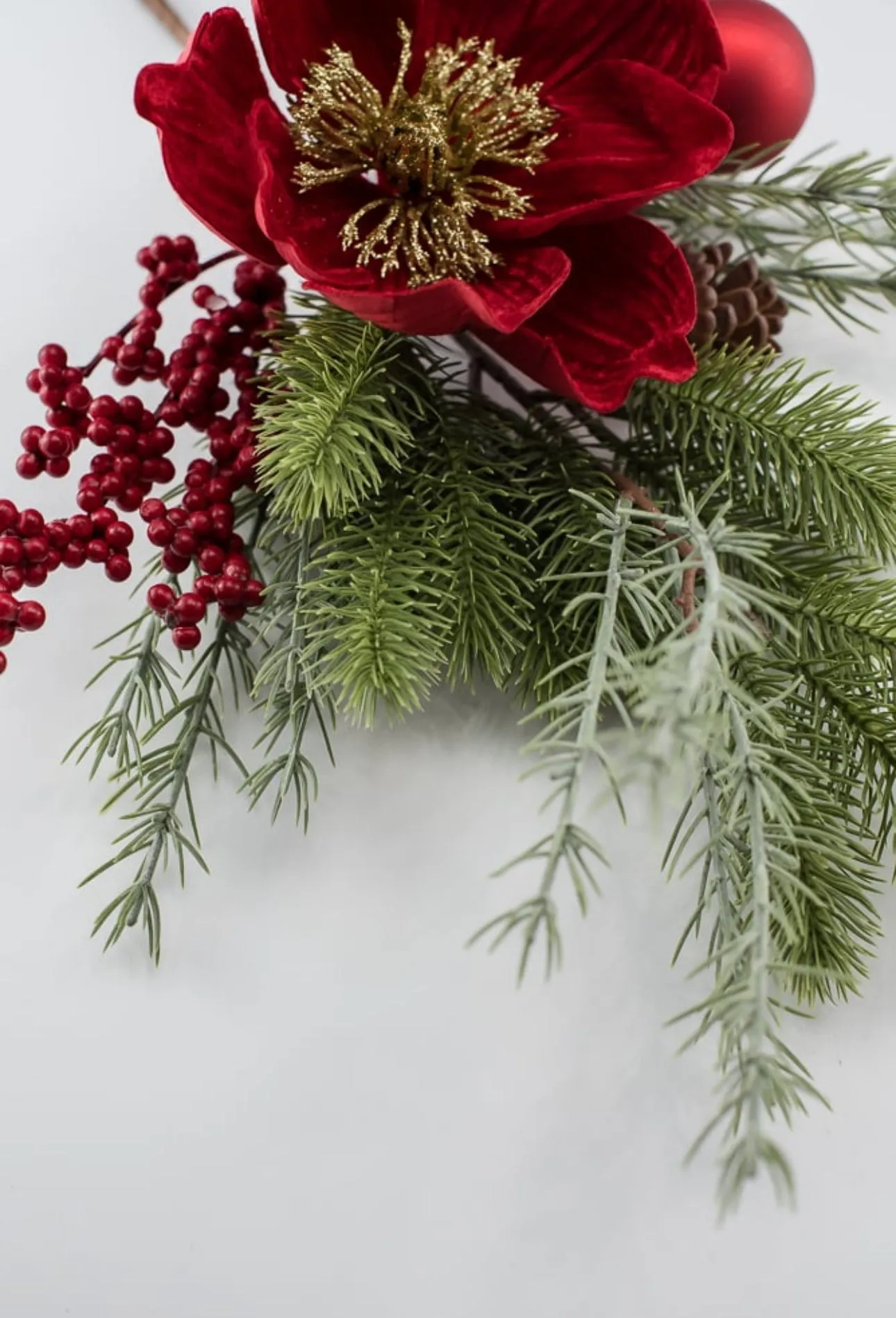 Artificial velvet magnolia and ornament spray