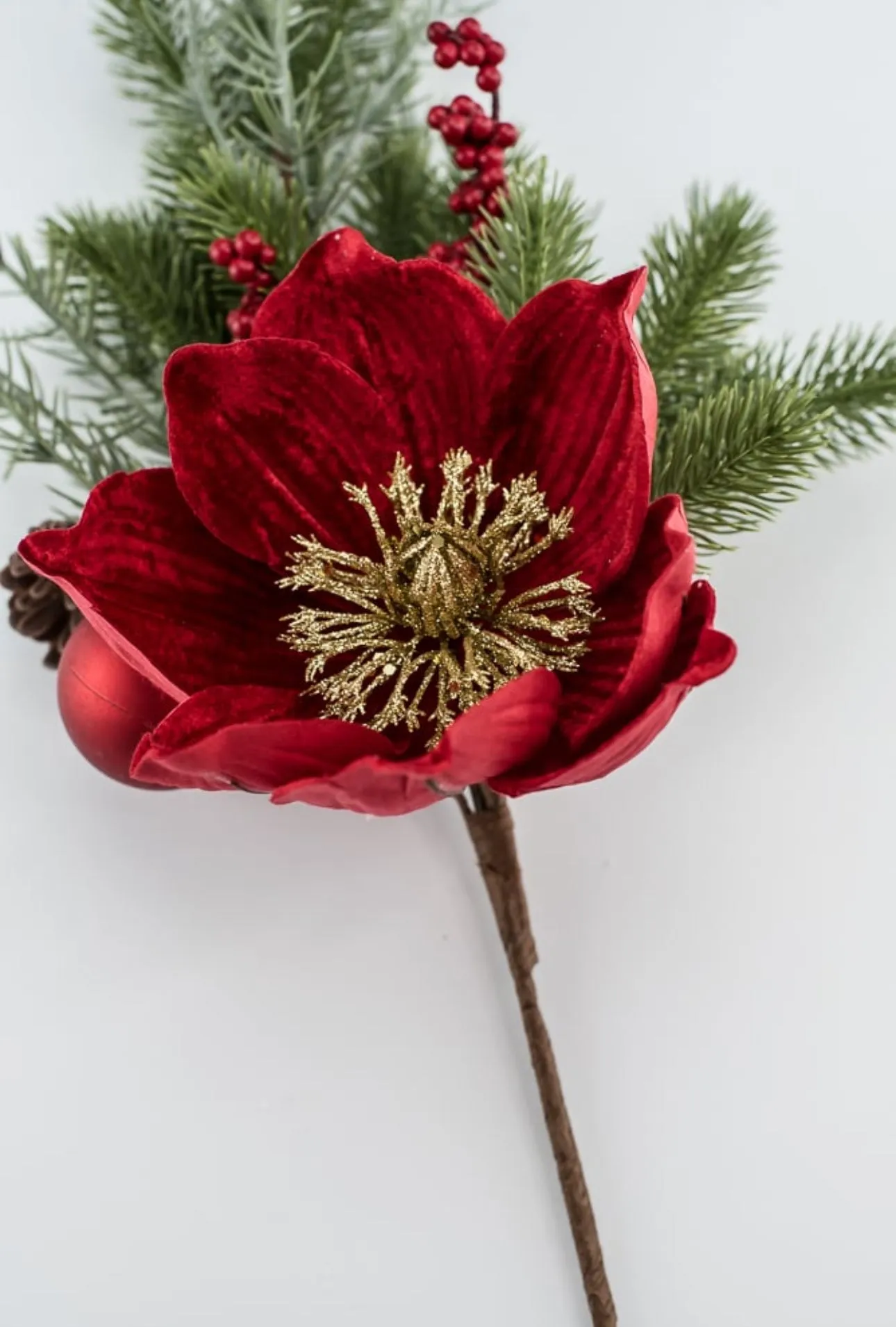 Artificial velvet magnolia and ornament spray