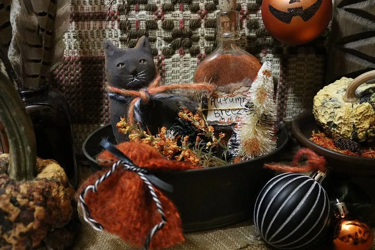 Autumn Halloween Tin with Black Cat Gathering