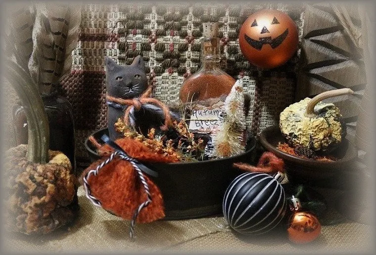 Autumn Halloween Tin with Black Cat Gathering