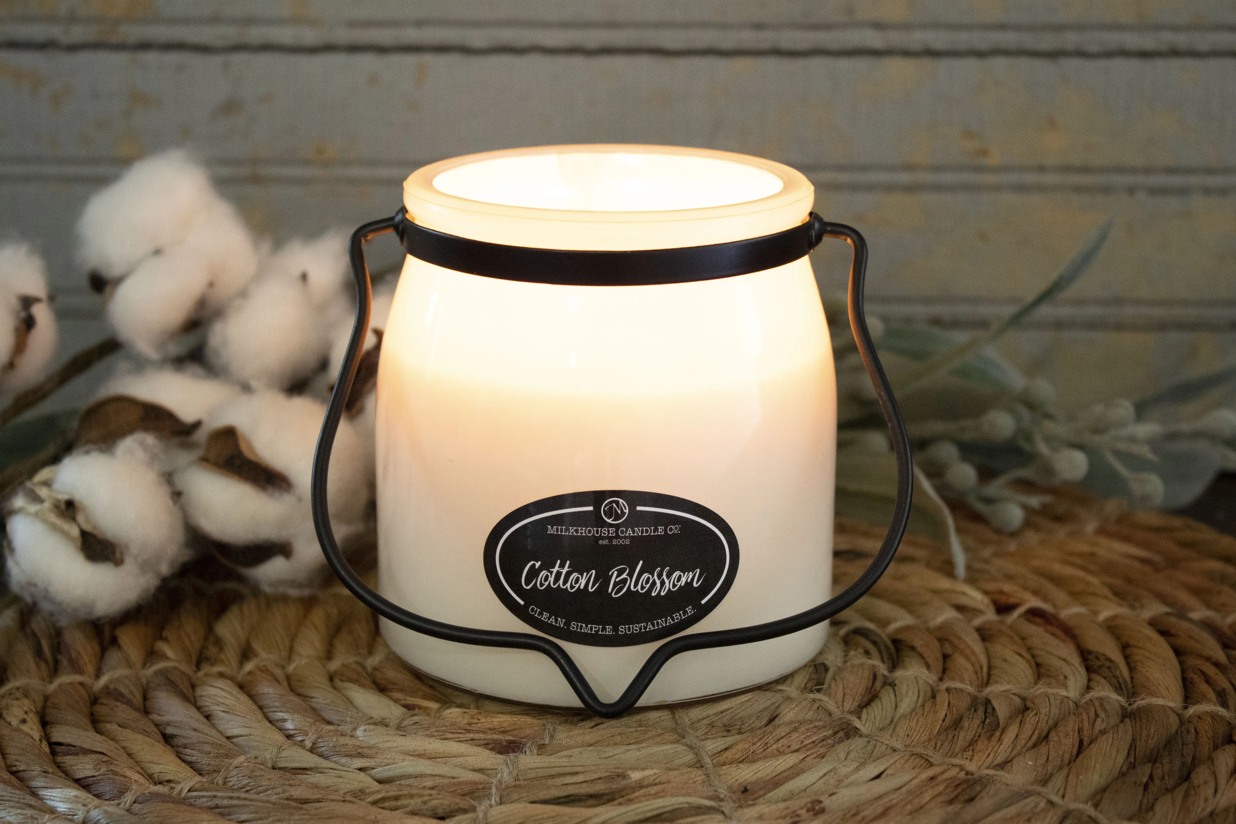 Cotton Blossom candle in 16oz creamery butter jar