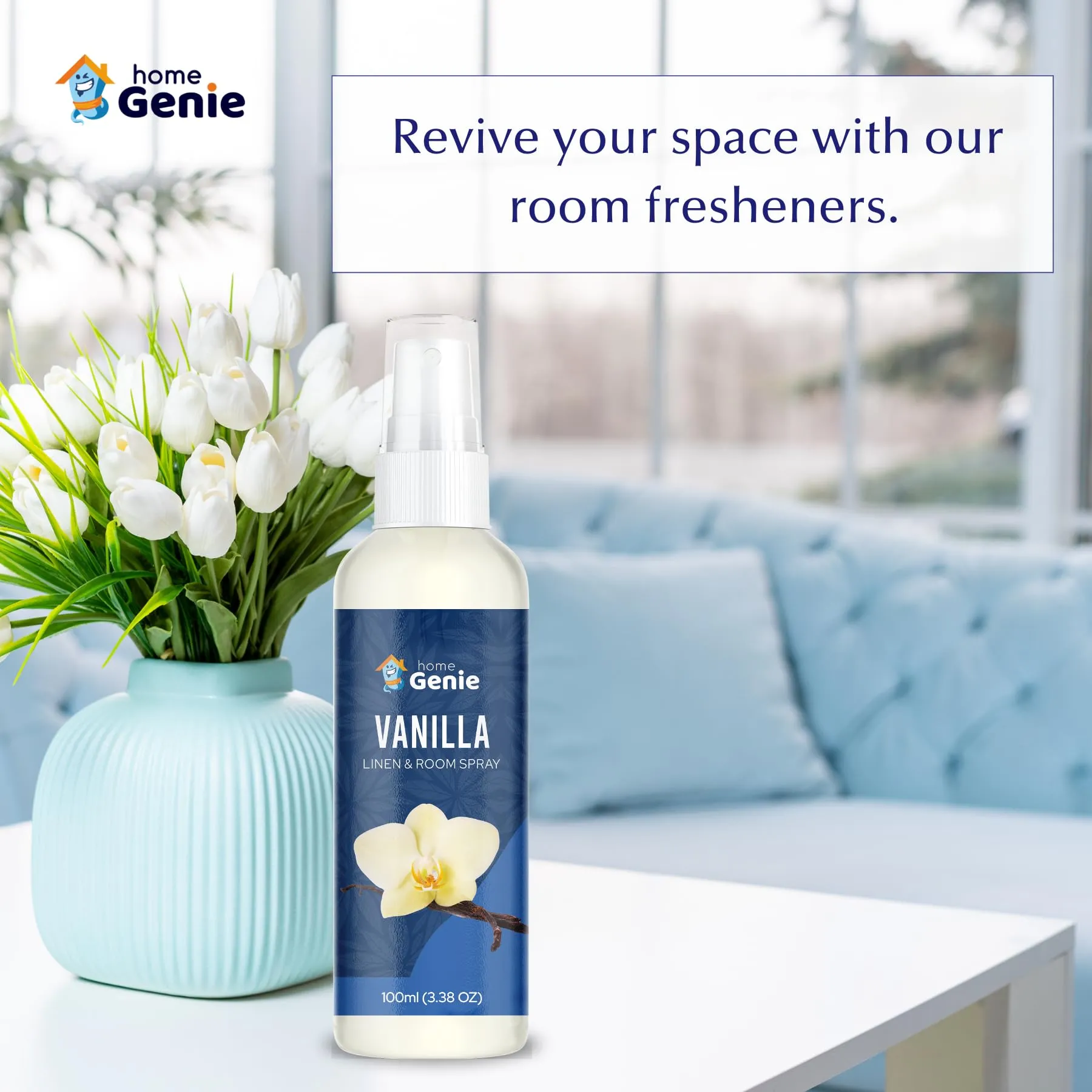 Home Genie Vanilla Linen And Room Spray Air Freshener | Long Lasting Aromatic Scent | Made With Essential Oils - 100ml / 3.38 fl oz