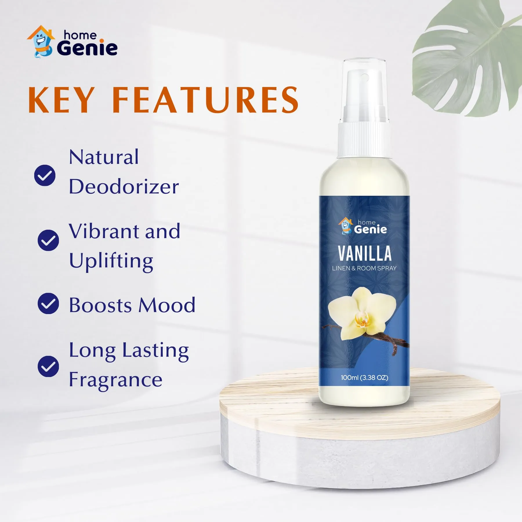 Home Genie Vanilla Linen And Room Spray Air Freshener | Long Lasting Aromatic Scent | Made With Essential Oils - 100ml / 3.38 fl oz