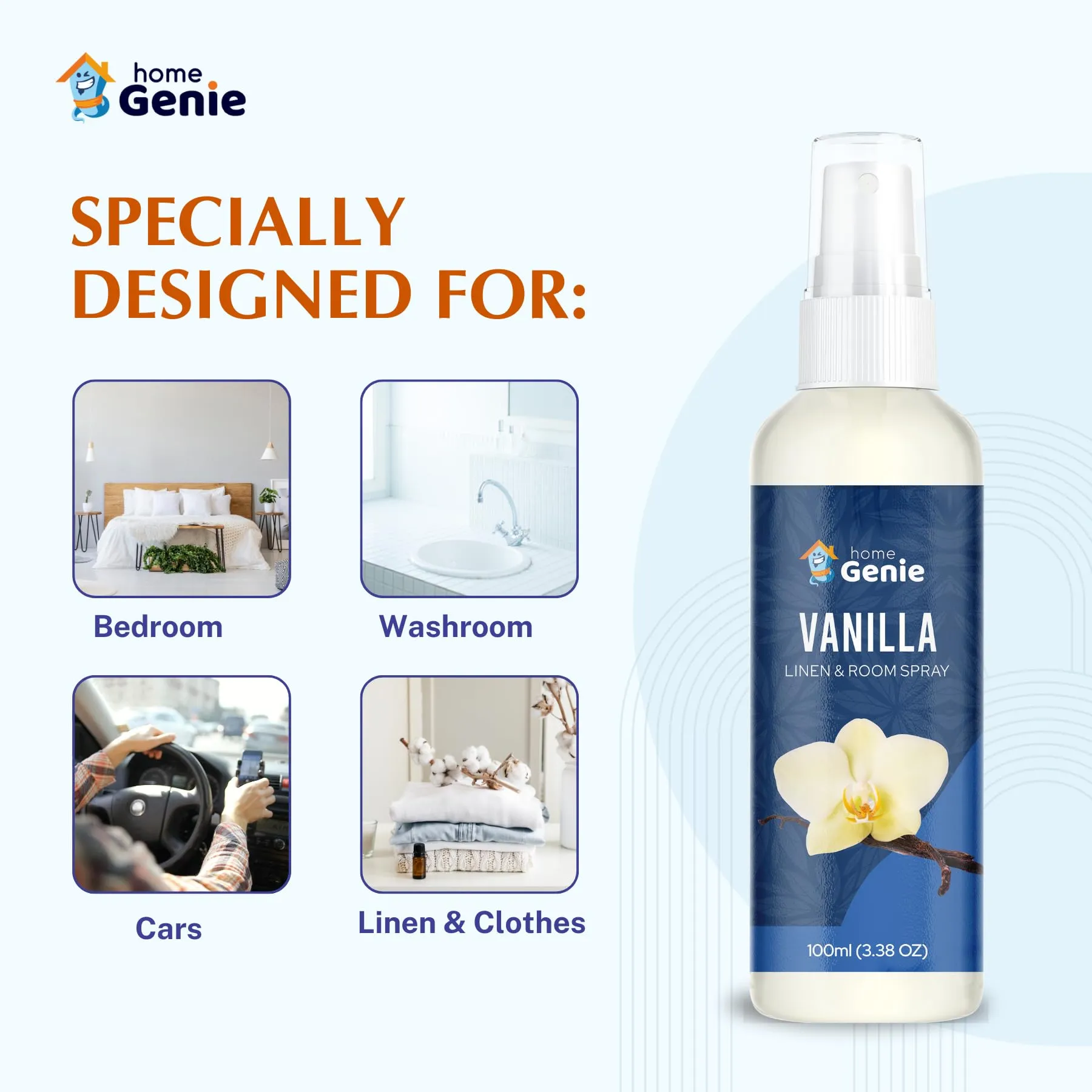 Home Genie Vanilla Linen And Room Spray Air Freshener | Long Lasting Aromatic Scent | Made With Essential Oils - 100ml / 3.38 fl oz
