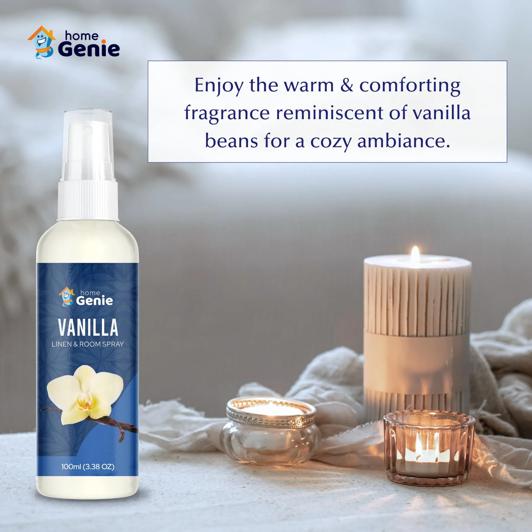 Home Genie Vanilla Linen And Room Spray Air Freshener | Long Lasting Aromatic Scent | Made With Essential Oils - 100ml / 3.38 fl oz