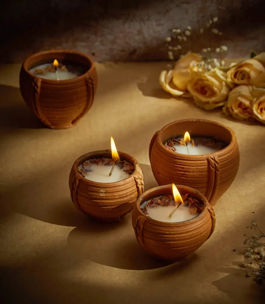 Maatir Rose Fragrant Candles in Terracotta Bowls, Hand Poured Wax Scented Candles - Set of 2 (1 Large, 1 Small)