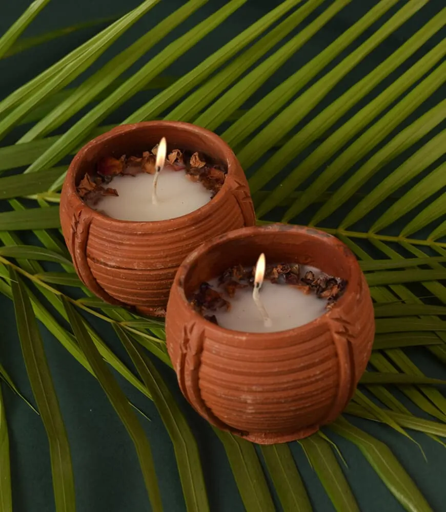 Maatir Rose Fragrant Candles in Terracotta Bowls, Hand Poured Wax Scented Candles - Set of 2 (1 Large, 1 Small)