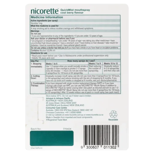 Nicorette Nicotine QuickMist Cool Berry Spray 150 Sprays