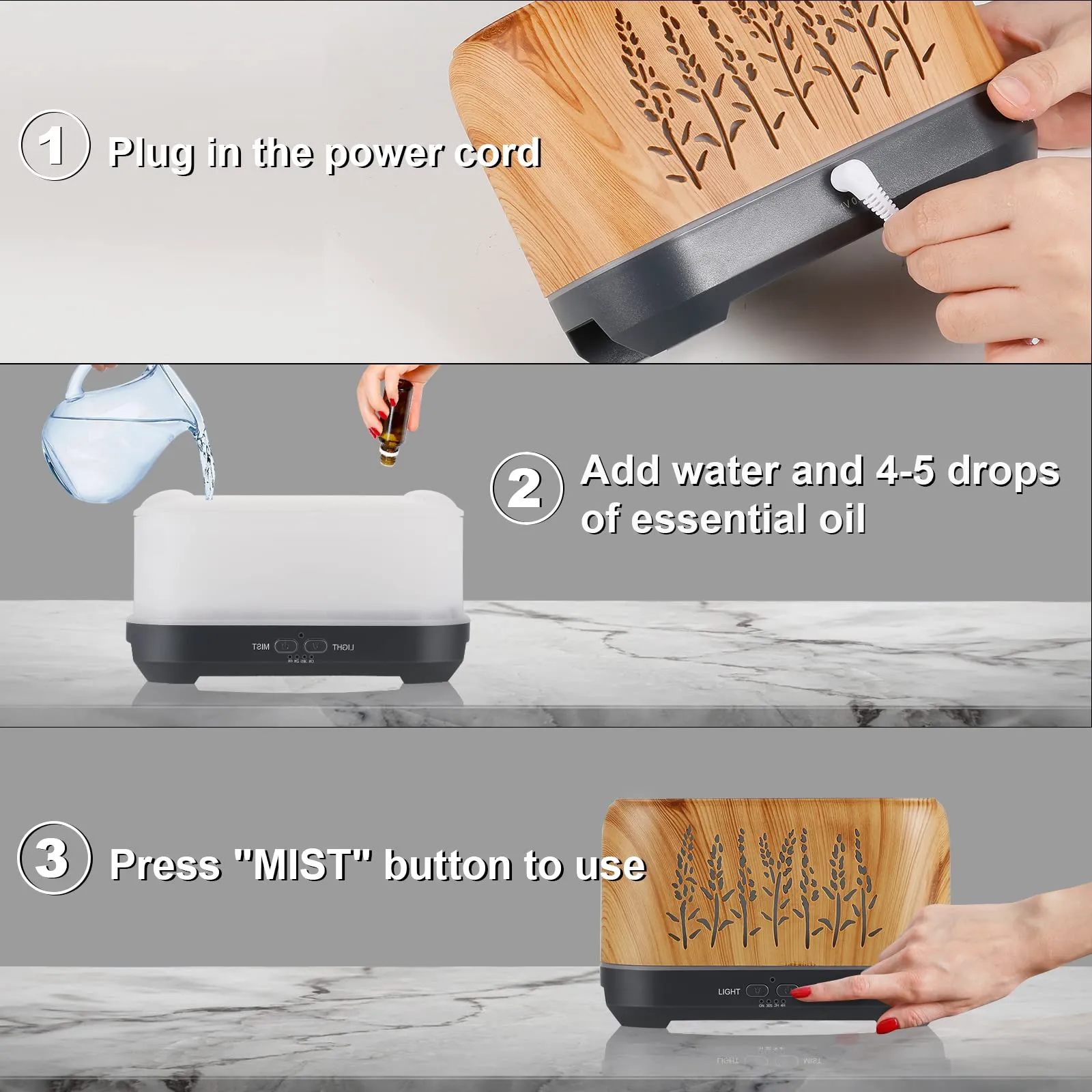 OKTOYO Essential Oil Diffuser with Flame Light, Upgraded Super Quiet Diffusers for Aromatherapy Essential Oils Mist Humidifiers with 3 Mist Mode 4 Timer Waterless Auto Shut-Off for Home Office(Wood)