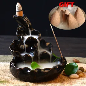 Retro Ceramic Incense Burner with 8 pcs Sandalwood Incense Cones Handmade Porcelain Lotus Pond Censer Incense Stickers Holder Q