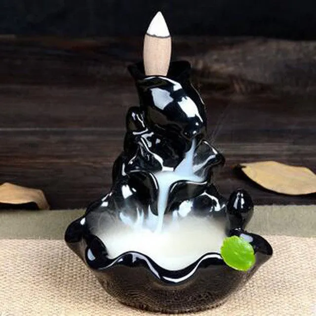 Retro Ceramic Incense Burner with 8 pcs Sandalwood Incense Cones Handmade Porcelain Lotus Pond Censer Incense Stickers Holder Q