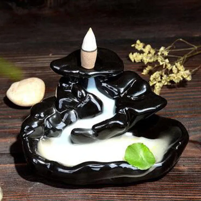 Retro Ceramic Incense Burner with 8 pcs Sandalwood Incense Cones Handmade Porcelain Lotus Pond Censer Incense Stickers Holder Q