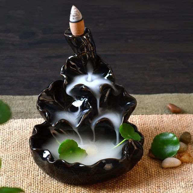 Retro Ceramic Incense Burner with 8 pcs Sandalwood Incense Cones Handmade Porcelain Lotus Pond Censer Incense Stickers Holder Q