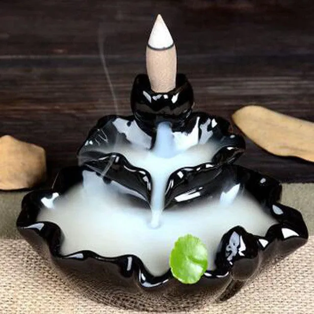 Retro Ceramic Incense Burner with 8 pcs Sandalwood Incense Cones Handmade Porcelain Lotus Pond Censer Incense Stickers Holder Q