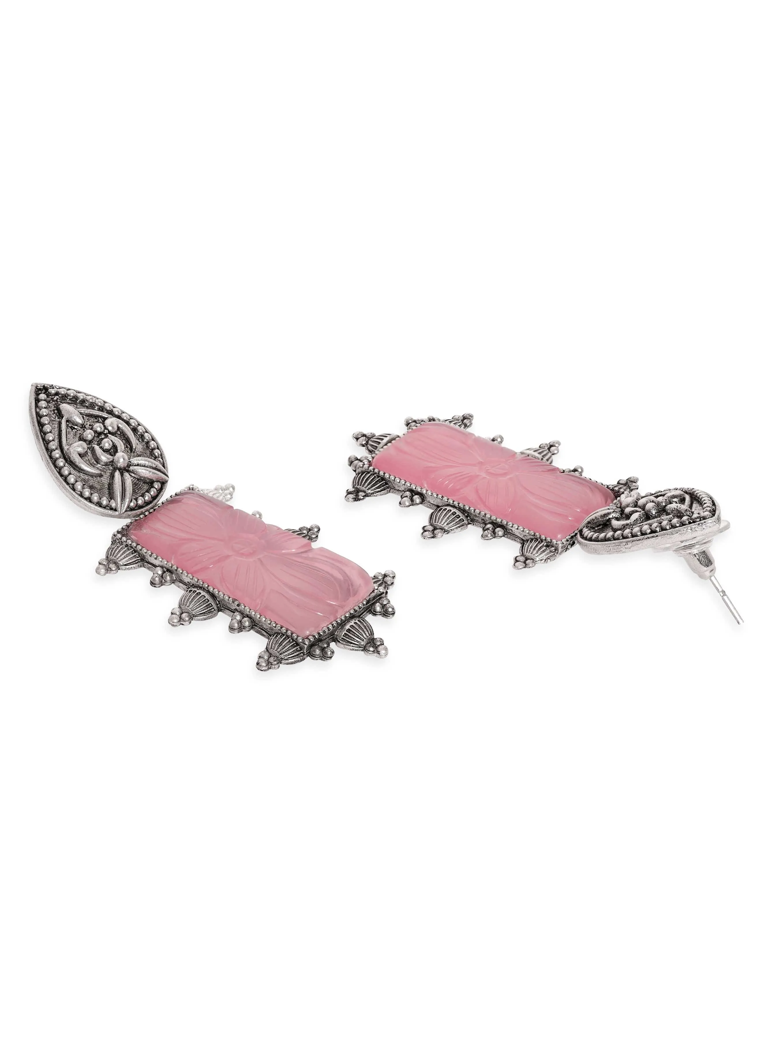 Rubans Artisan Engraved Gemstones Oxidized Silver Plated Pearl Earrings
