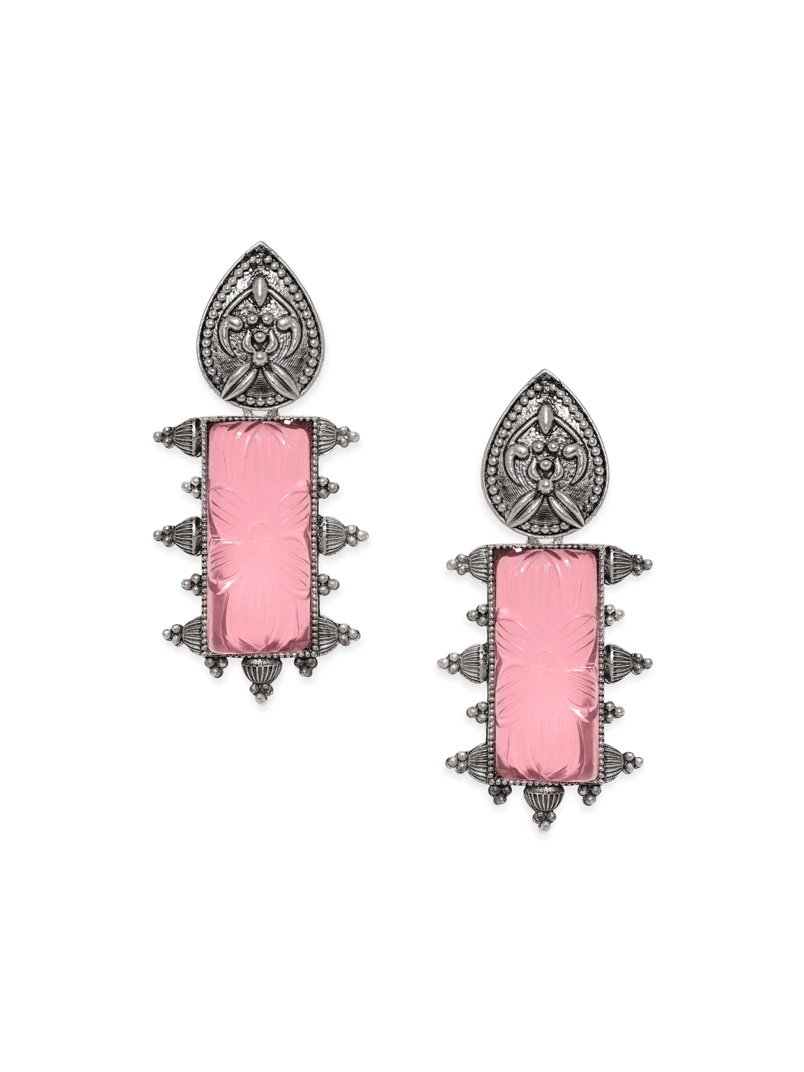 Rubans Artisan Engraved Gemstones Oxidized Silver Plated Pearl Earrings