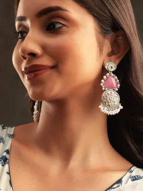 Rubans Intricate Engravings Oxidized Silver Plated Gemstone & Pearl Dangle Earrings