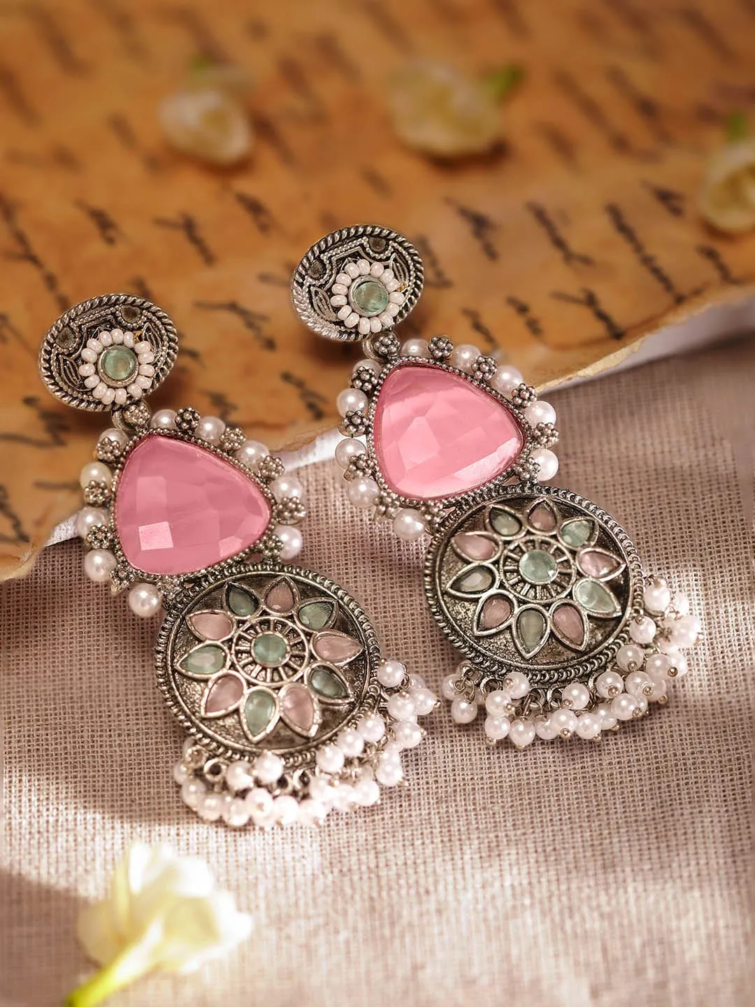 Rubans Intricate Engravings Oxidized Silver Plated Gemstone & Pearl Dangle Earrings