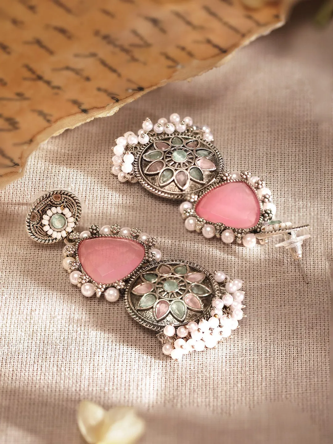 Rubans Intricate Engravings Oxidized Silver Plated Gemstone & Pearl Dangle Earrings
