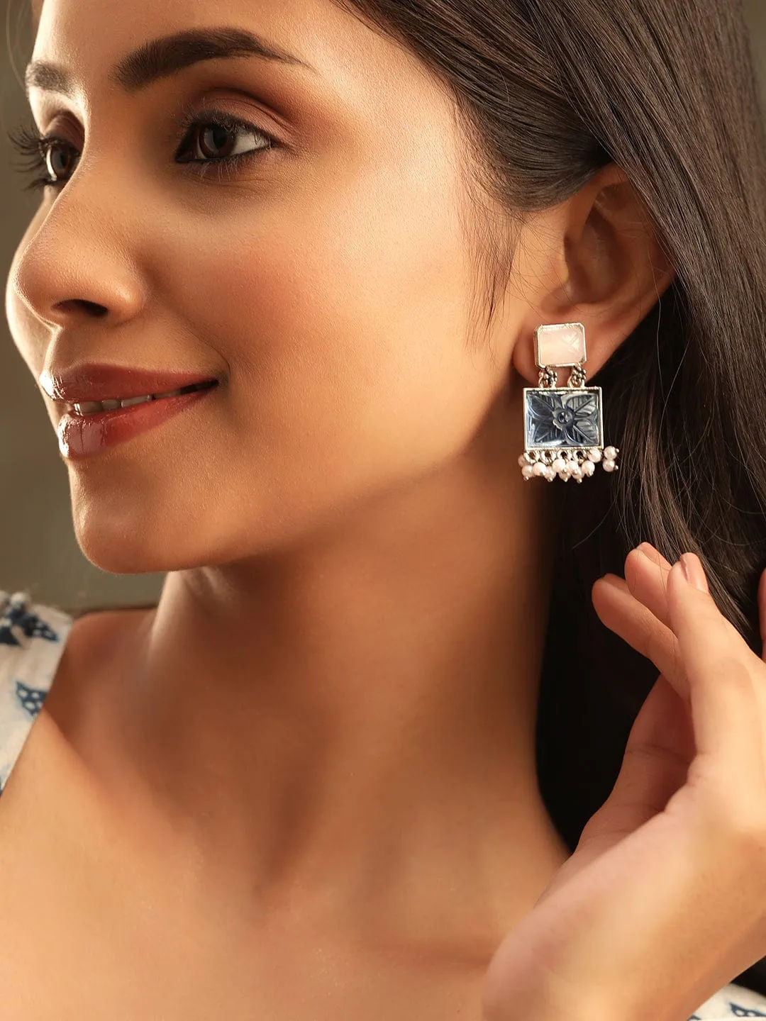 Rubans Oxidized Silver Plated Engraved Gemstone and Pearl Beaded Drop Earrings