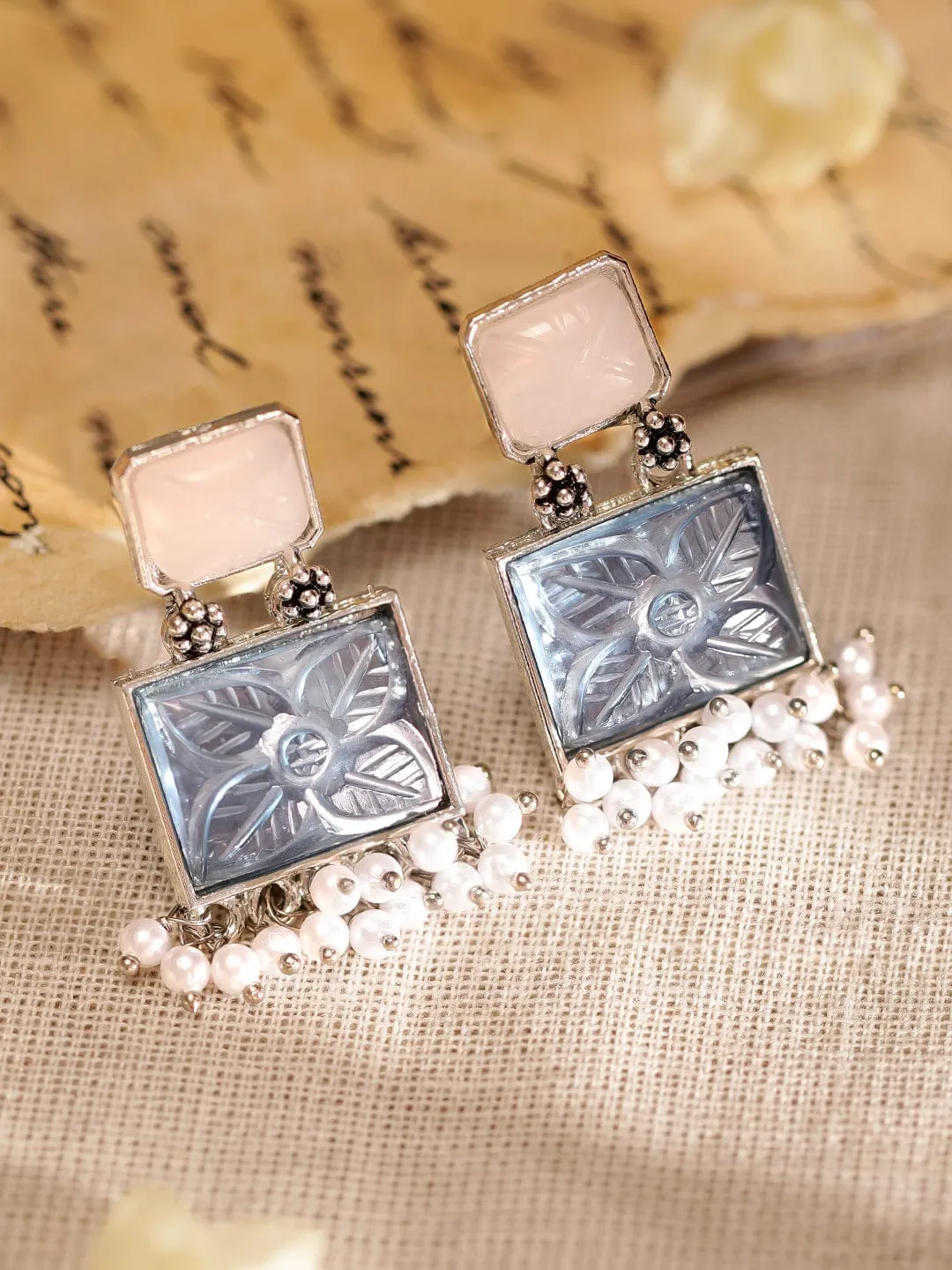Rubans Oxidized Silver Plated Engraved Gemstone and Pearl Beaded Drop Earrings