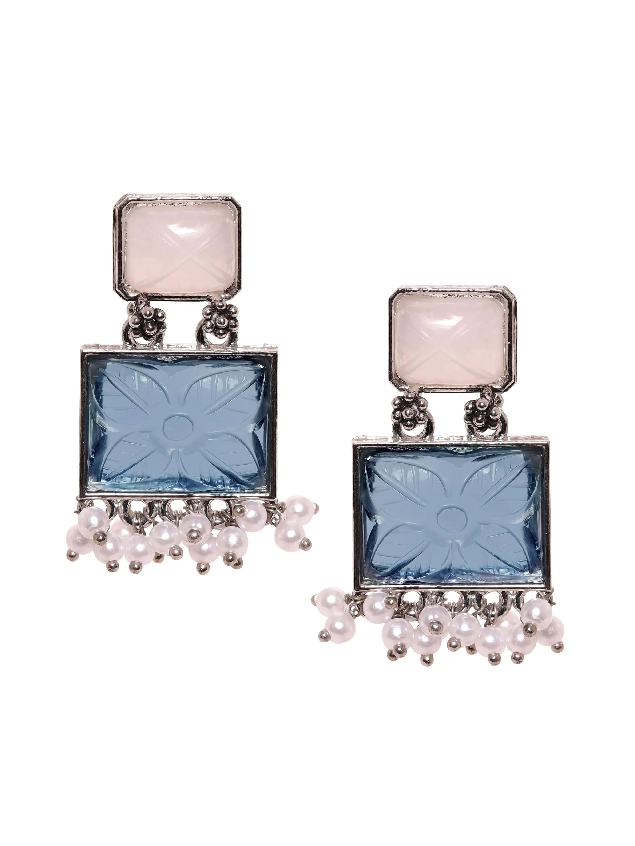 Rubans Oxidized Silver Plated Engraved Gemstone and Pearl Beaded Drop Earrings