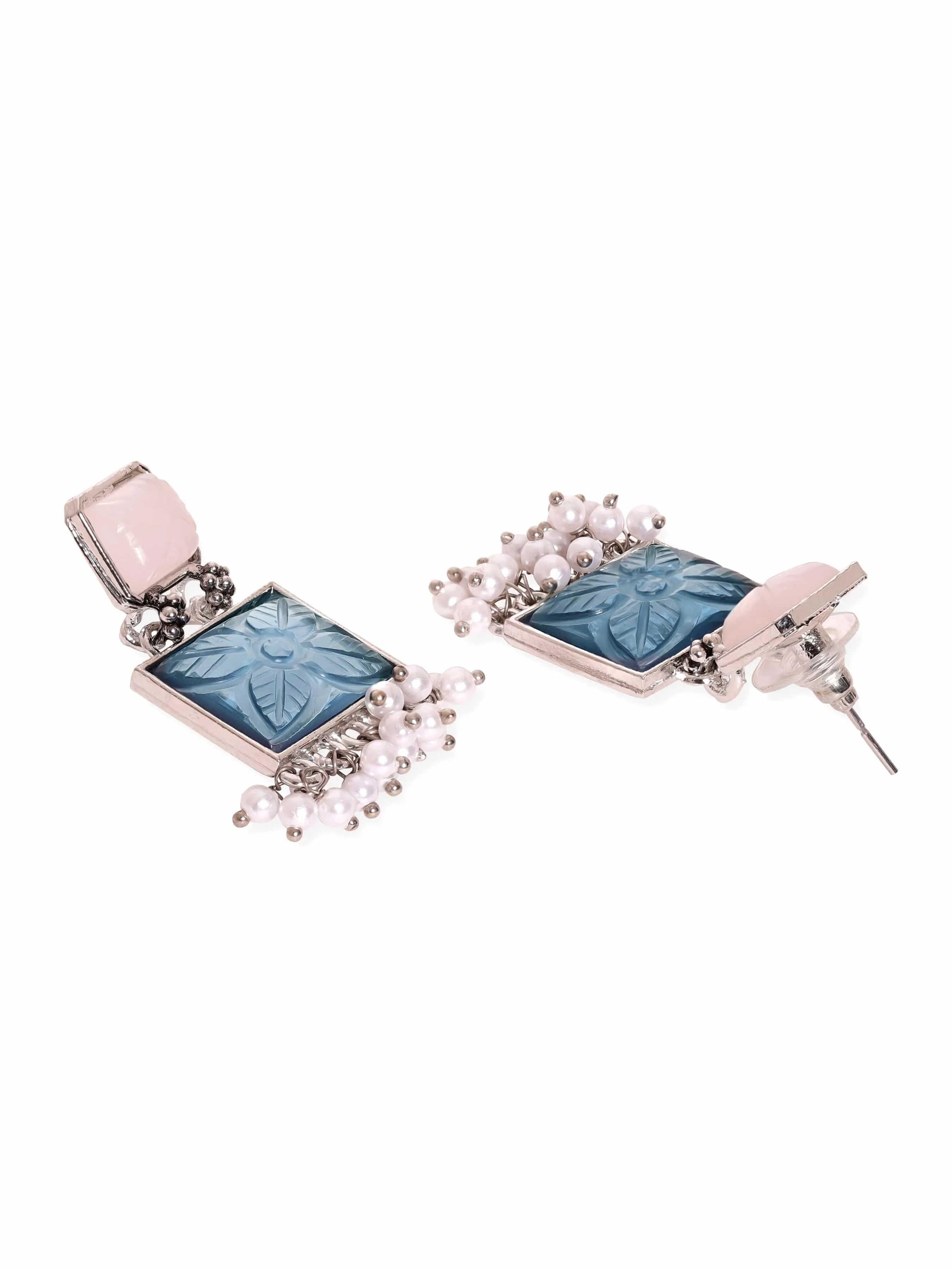 Rubans Oxidized Silver Plated Engraved Gemstone and Pearl Beaded Drop Earrings
