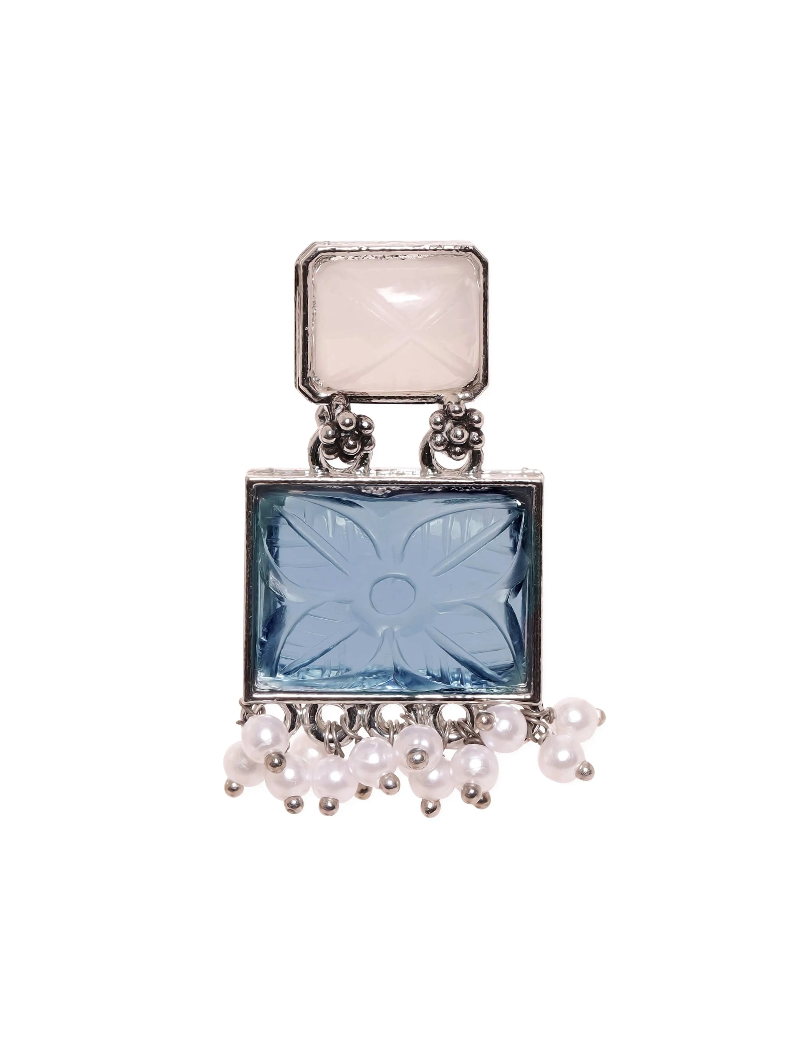 Rubans Oxidized Silver Plated Engraved Gemstone and Pearl Beaded Drop Earrings