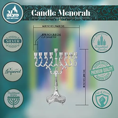 Silver Plated Candle Menorah - Fits all Standard Hanukkah Candles - Curved Branches, 8.5” High x 6.5” Wide - by Ner Mitzvah