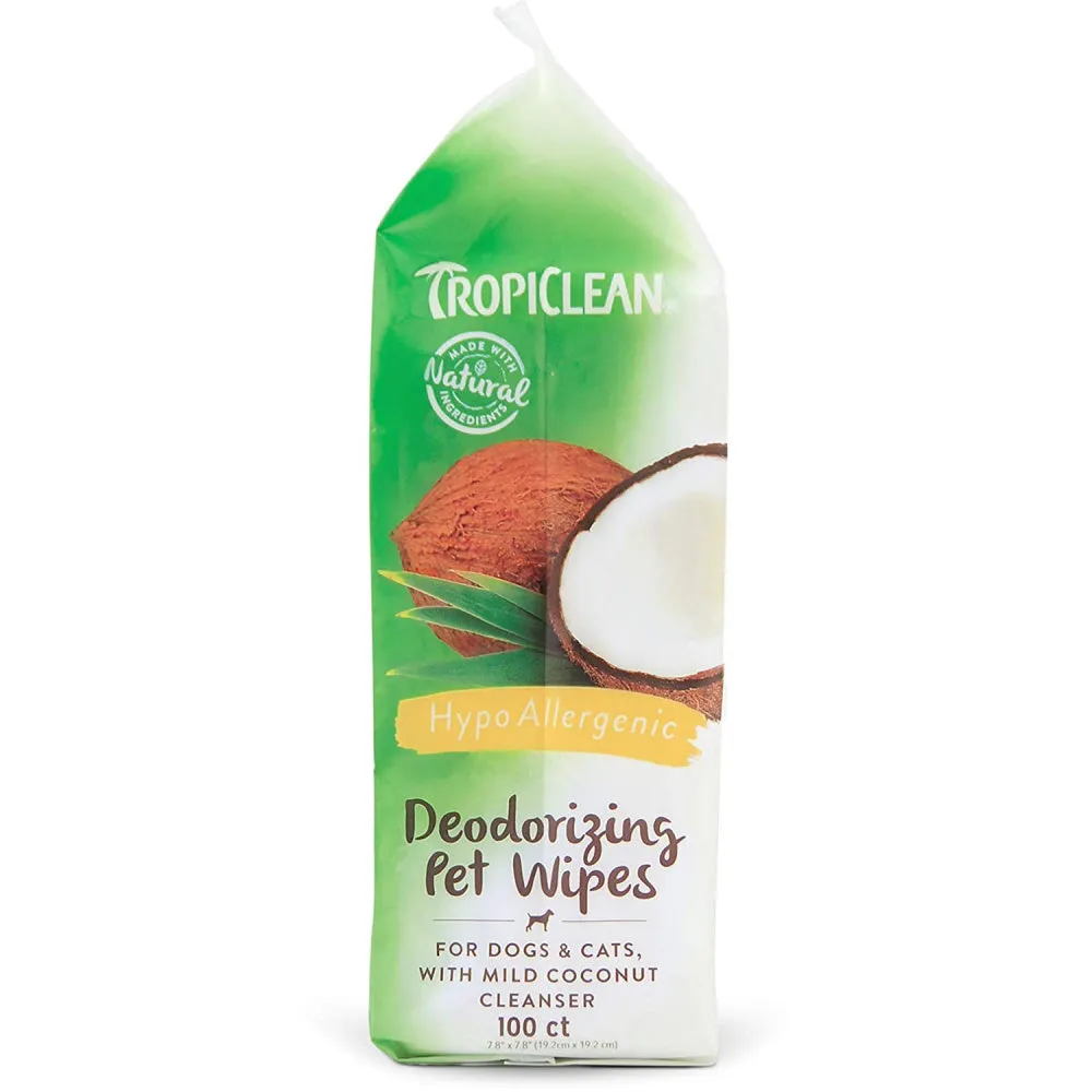 TropiClean Hypo Allergenic Deodorizing Bath Wipes for Dogs and Cats