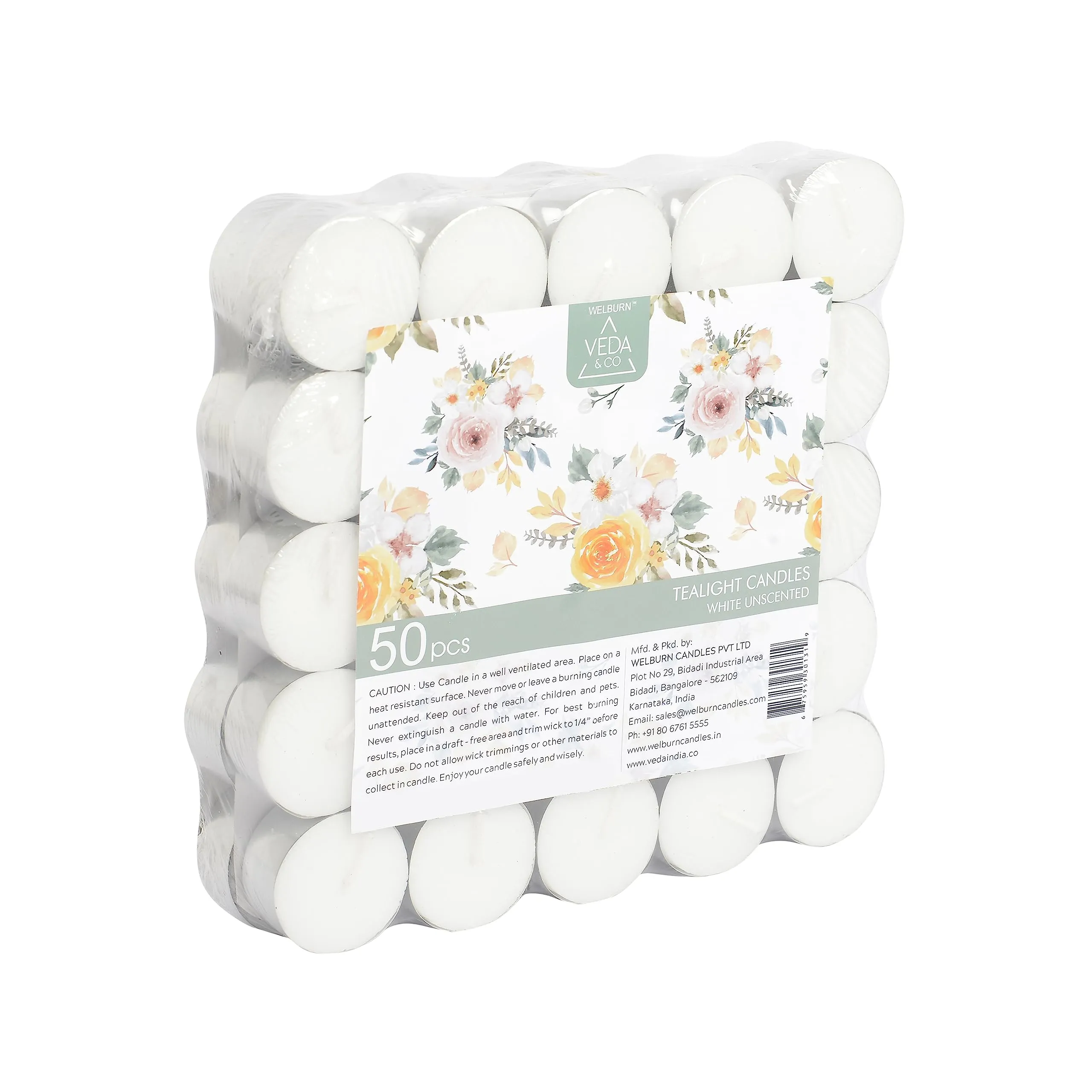Welburn Veda&Co™ Wax Tealight Candles - Pack of 50, 5 Hours Burning Time, 100% Fully Refined Paraffin Wax, Unscented, Smokeless, Dripless, for Home Decor, Offices & Other Occasions (White)